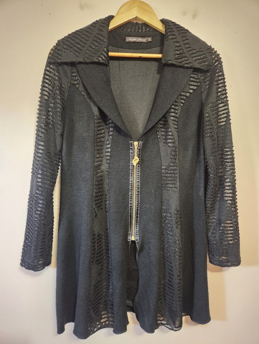 High Secret Black Sheer Shredded Knit Zip Up Duster Cardigan Artsy Goth Size S